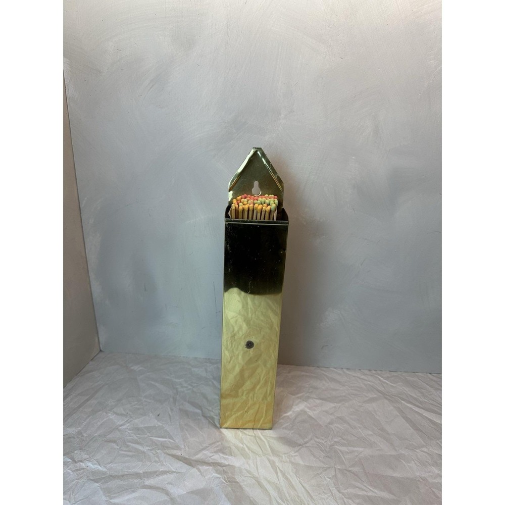vintage lacquered brass square cylinder fireplace match holder wall mount 13"